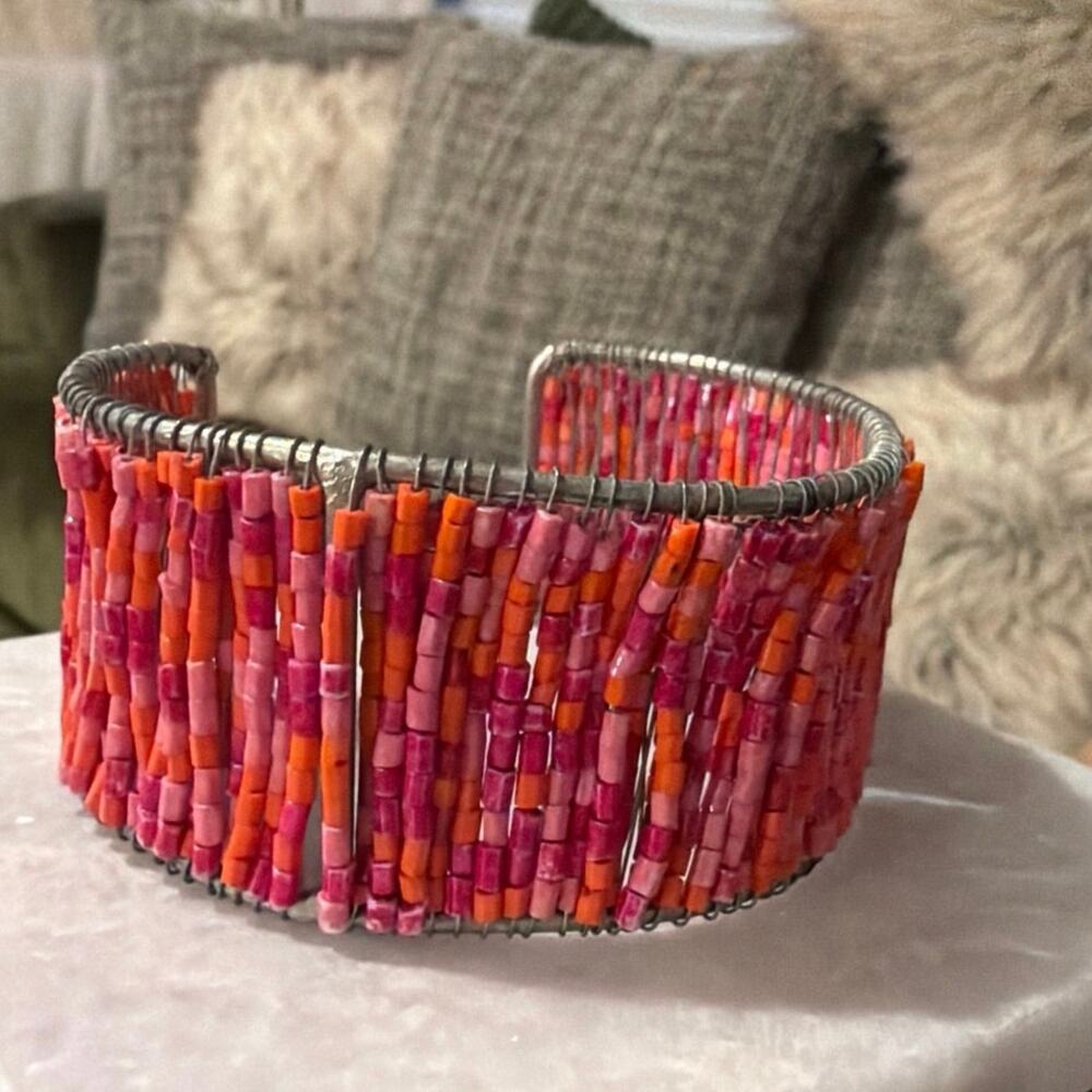 Pink, orange & silver tone beaded cuff bracelet